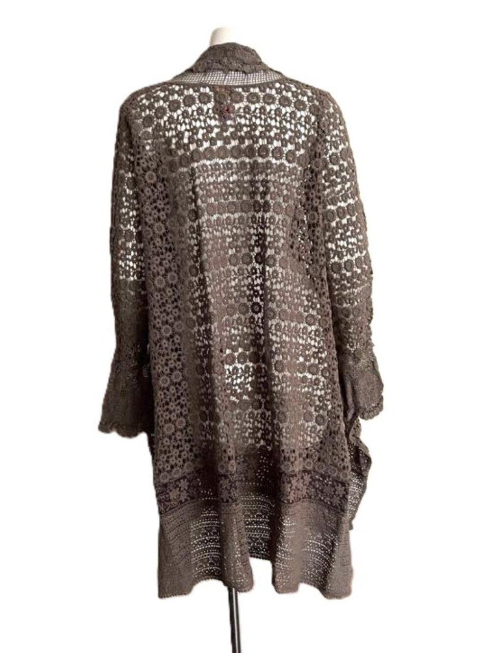 Johnny Was Open Front Crochet Lace Topper Cardigan M Boho Cotton Cover Up Taupe
